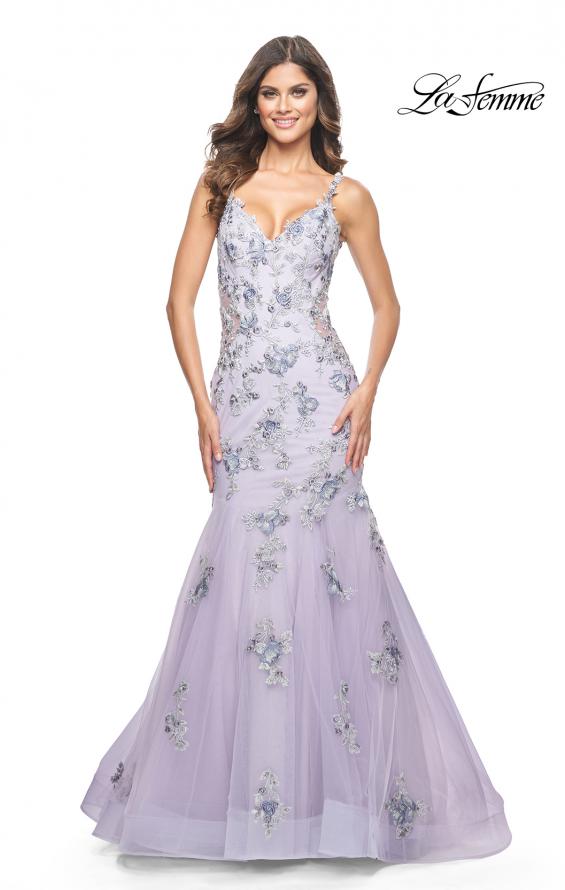 Picture of: Mermaid Gown with Two Tone Lace Appliques in Lavender Gray, Style: 32091, Detail Picture 4