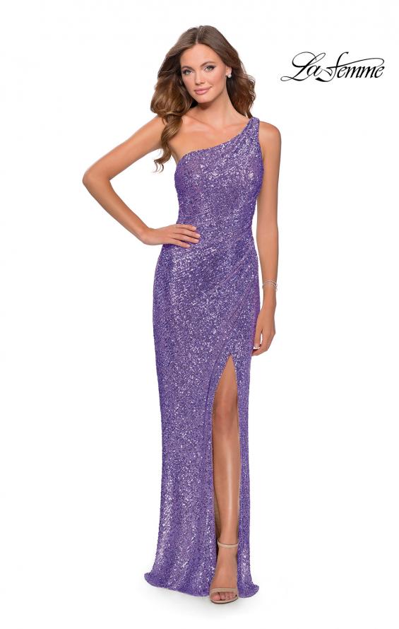Picture of: Long Sequin One Shoulder Ruched Prom Dress in Lavender Gray, Style: 28401, Detail Picture 7