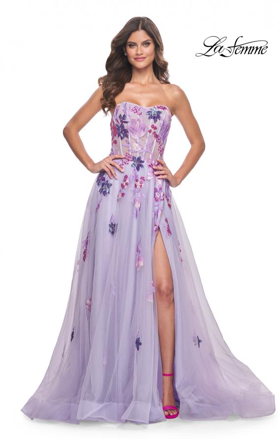 Picture of: Strapless A-Line Gown with Multi Color Sequin Lace Detail in Lavender, Style: 32156, Main Picture