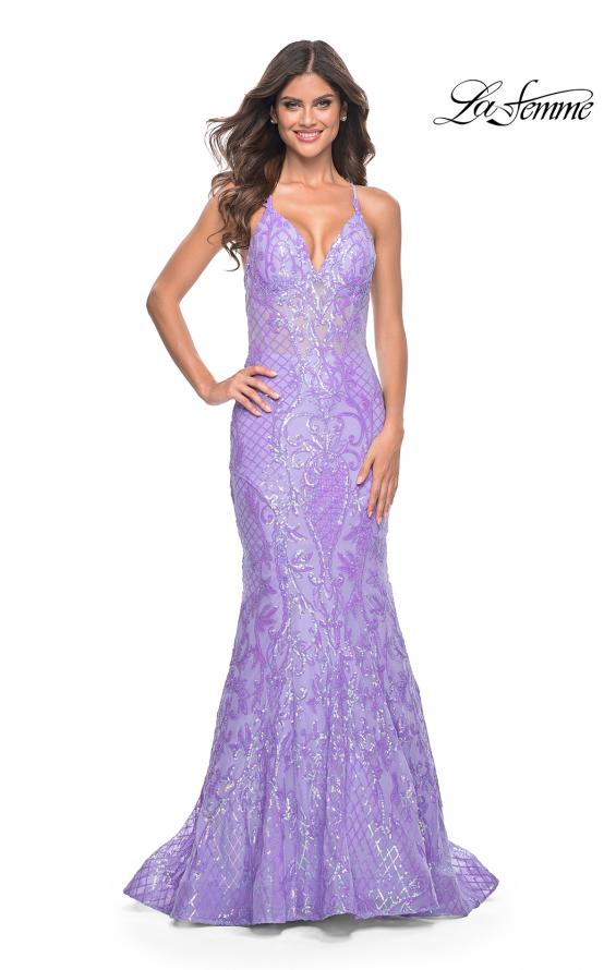 Picture of: Neon Mermaid Print Sequin Dress with Lace Up Open Back in Lavender, Style: 32337, Detail Picture 10
