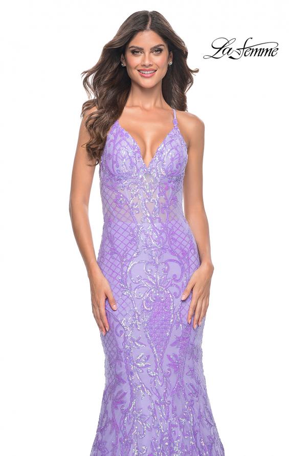 Picture of: Neon Mermaid Print Sequin Dress with Lace Up Open Back in Lavender, Style: 32337, Detail Picture 11
