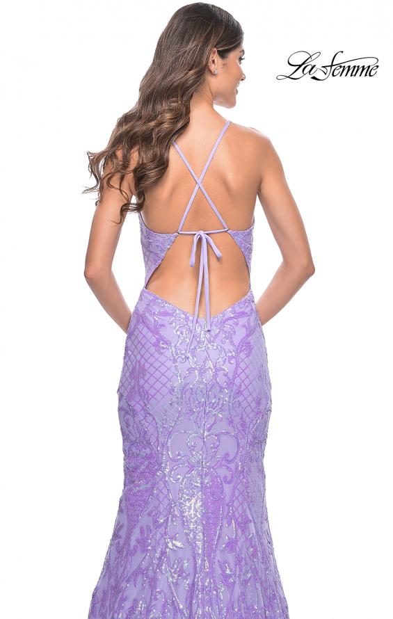 Picture of: Neon Mermaid Print Sequin Dress with Lace Up Open Back in Lavender, Style: 32337, Detail Picture 12