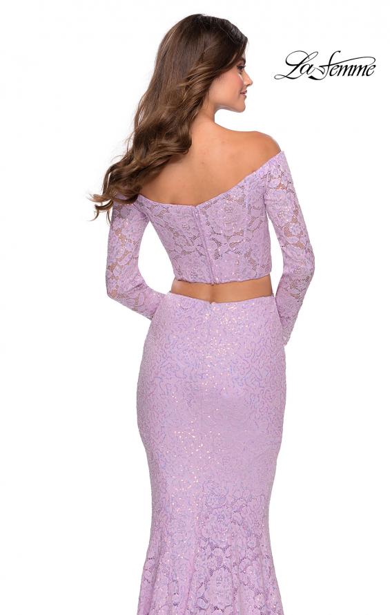 Picture of: Lace Sleeve Lace and Sequin Two Piece Prom Dress in Lavender, Style: 28666, Back Picture