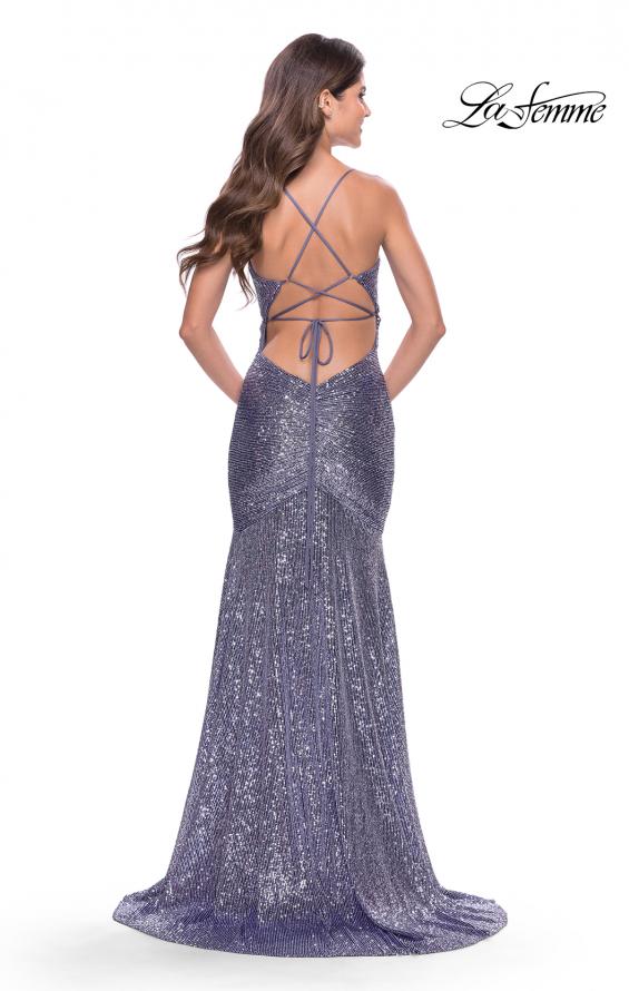 Picture of: Long Sequin Gown with Dramatic Flare Skirt and Slit in Bright Colors in Lavender, Style: 31431, Back Picture