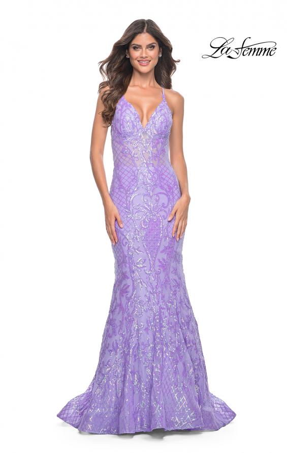 Picture of: Neon Mermaid Print Sequin Dress with Lace Up Open Back in Lavender, Style: 32337, Detail Picture 2