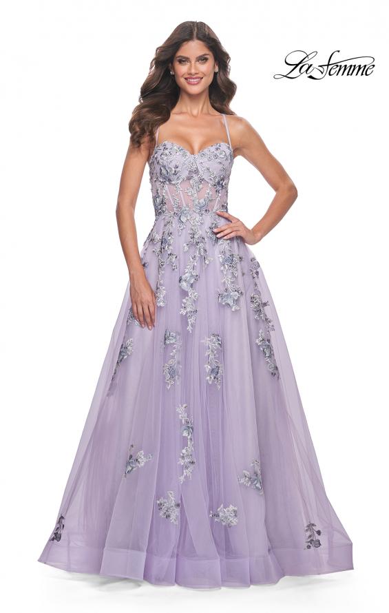 Picture of: A-Line Tulle Prom Dress with Two Tone Beautiful Lace Applique in Lavender, Style: 32221, Detail Picture 3