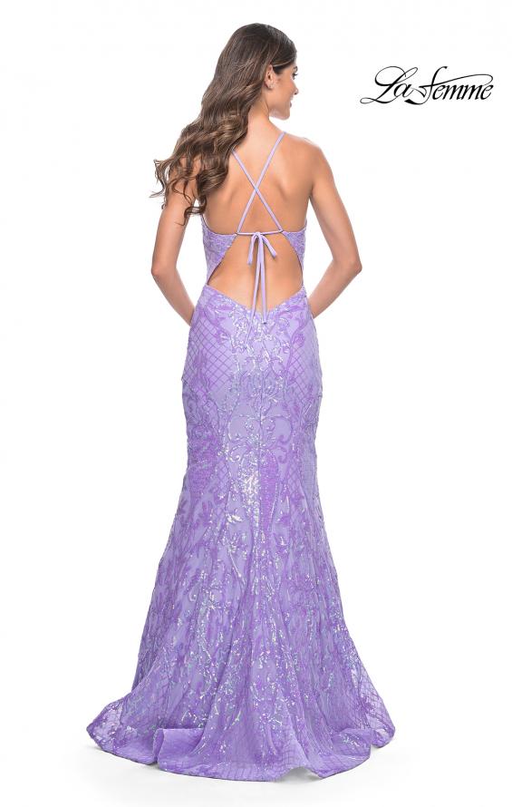 Picture of: Neon Mermaid Print Sequin Dress with Lace Up Open Back in Lavender, Style: 32337, Detail Picture 3