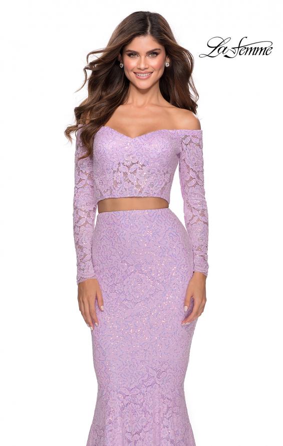 Picture of: Lace Sleeve Lace and Sequin Two Piece Prom Dress in Lavender, Style: 28666, Detail Picture 4