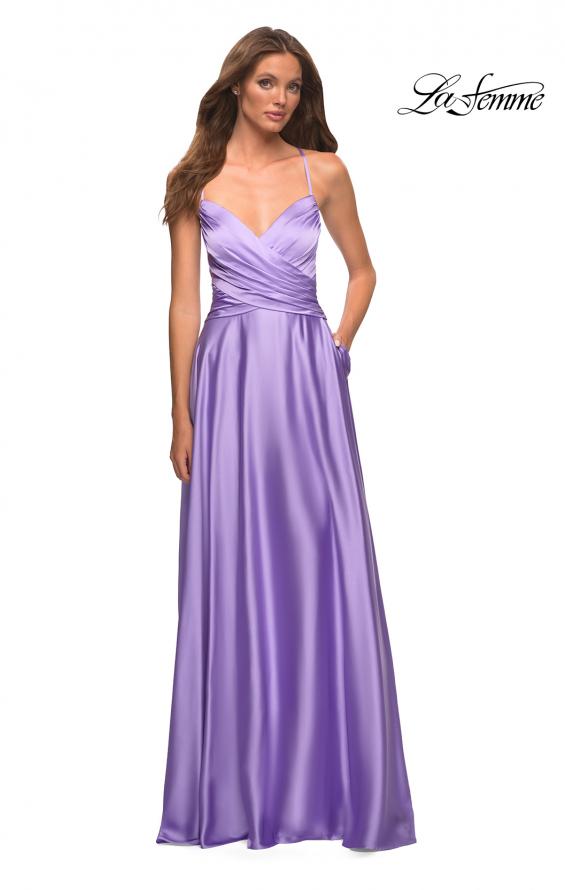Picture of: Bright Satin Gown with Criss-Cross Ruched Top in Purple, Style: 30662, Detail Picture 5