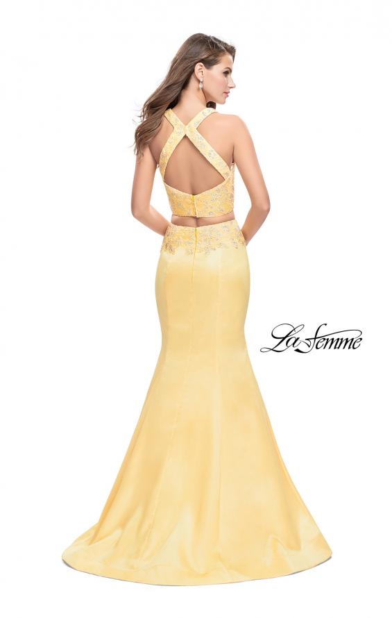 Picture of: Mikado Two Piece Mermaid Gown with Beaded Lace Top in Lemon, Style: 26311, Back Picture