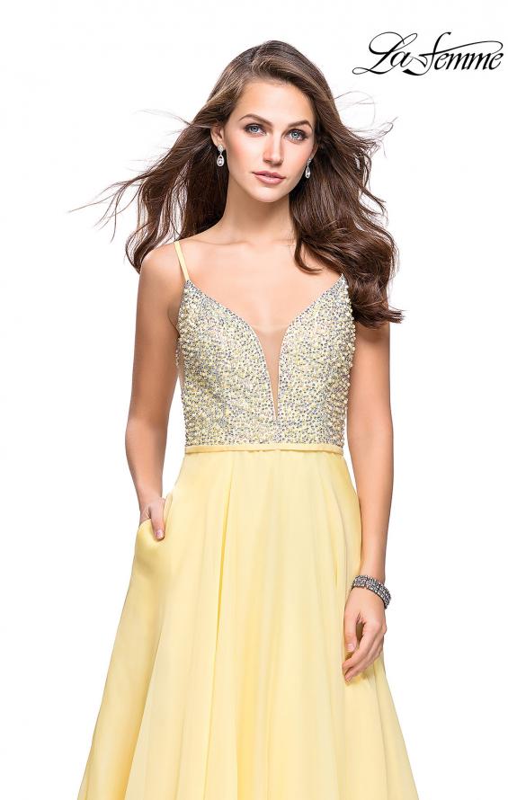 Picture of: A-line Chiffon Prom Gown with Pearl Beaded Bodice in Lemon, Style: 26278, Detail Picture 2
