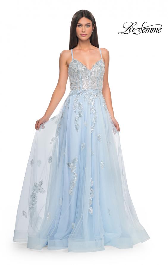 Picture of: Two Tone Tulle A-Line Prom Dress with Floral Beaded Detail in Light Blue, Style: 32090, Detail Picture 10