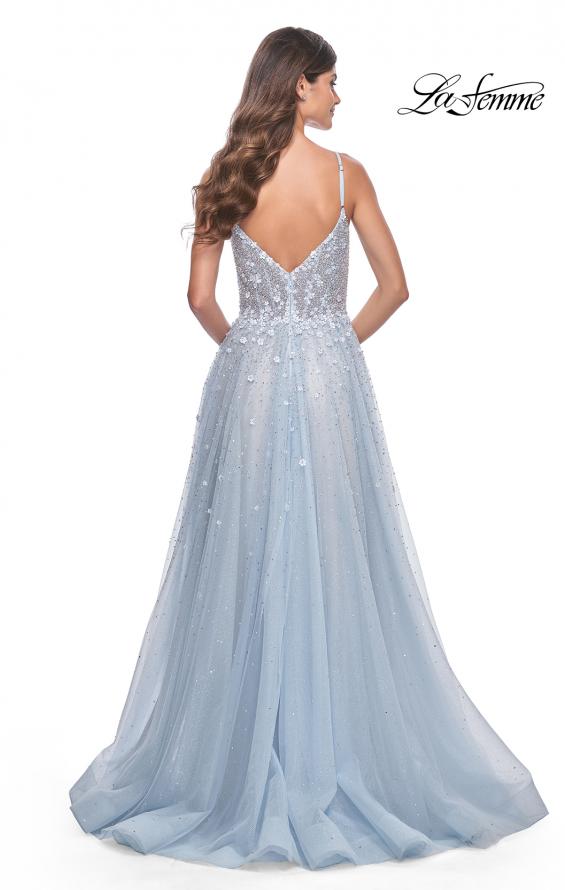 Picture of: A-Line Tulle Gown with Unique Floral and Rhinestone Details in Light Blue, Style: 32215, Back Picture