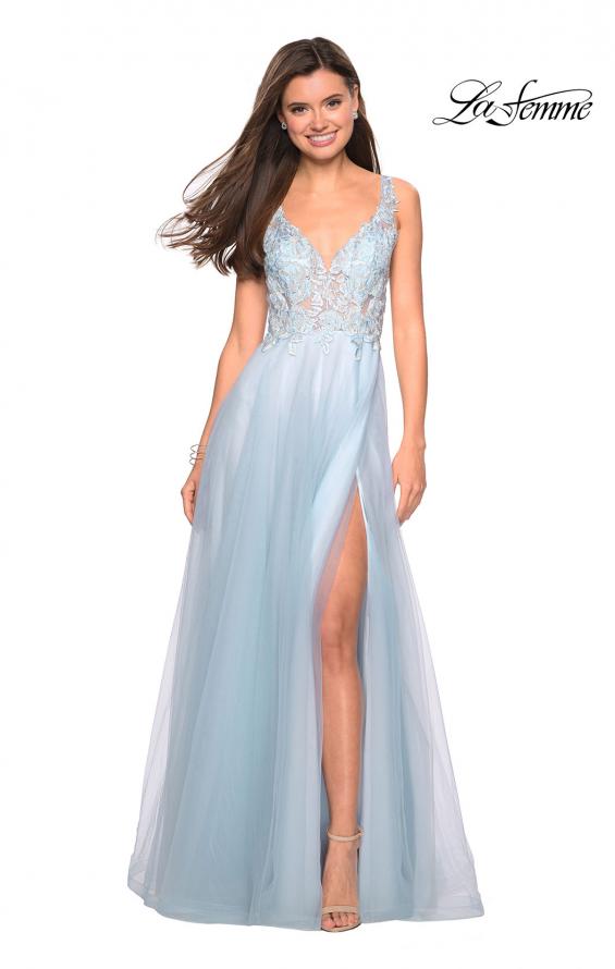 Picture of: Floor Length Tulle Gown with Plunging Lace Bodice in Light Blue, Style: 27621, Detail Picture 1