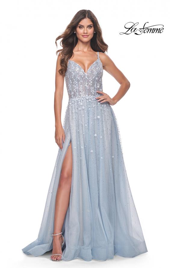 Picture of: A-Line Tulle Gown with Unique Floral and Rhinestone Details in Light Blue, Style: 32215, Detail Picture 1