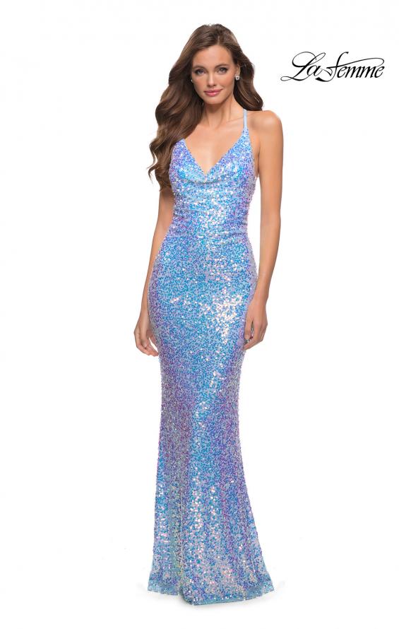 Picture of: Iridescent Sequin Prom Dress with V Neckline in Light Blue, Style 29871, Detail Picture 1