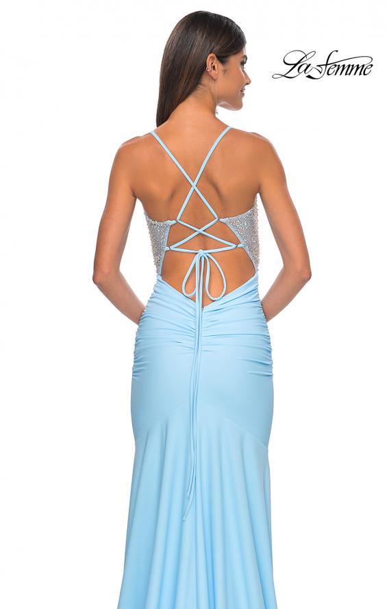 Picture of: Fitted Jersey Prom Dress with Full Rhinestone Illusion Bodice in Light Blue, Style: 32079, Detail Picture 3