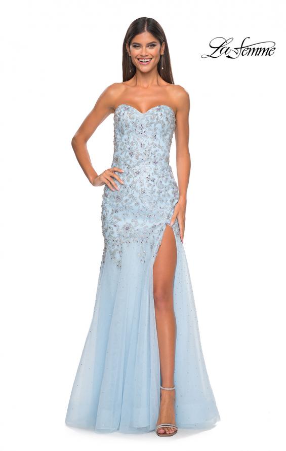 Picture of: Rhinestone and Beaded Print Mermaid Prom Gown with Sweetheart Neck in Light Blue, Style: 32197, Detail Picture 4
