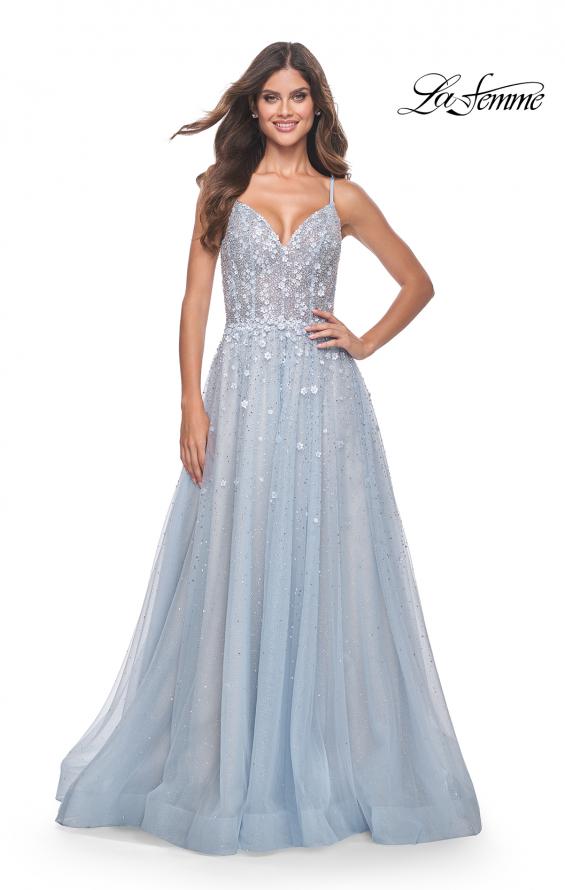 Picture of: A-Line Tulle Gown with Unique Floral and Rhinestone Details in Light Blue, Style: 32215, Detail Picture 4