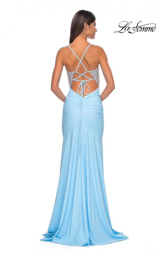 Picture of: Fitted Jersey Prom Dress with Full Rhinestone Illusion Bodice in Light Blue, Style: 32079, Detail Picture 5