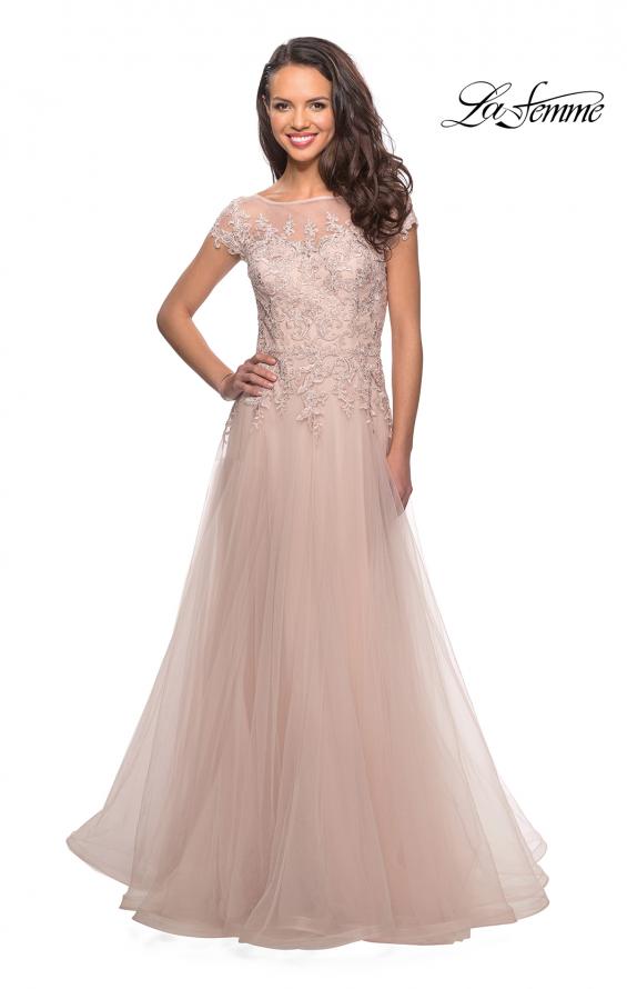 Picture of: Long Tulle Gown with Lace Bodice and Pockets in Light Blush, Style: 26893, Detail Picture 1