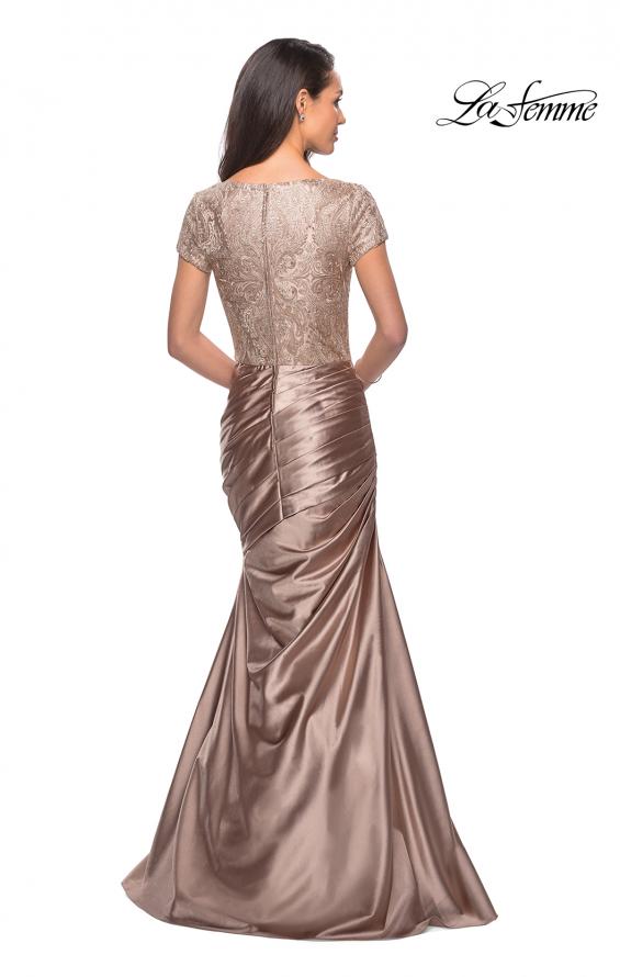 Picture of: Long Gown with Short Sleeve Lace Bodice and Ruching in Light Gold, Style: 26404, Back Picture