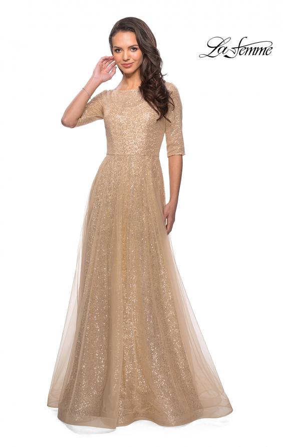 Picture of: Fully Sequined Floor Length Gown with Pockets in Light Gold, Style: 27016, Detail Picture 3