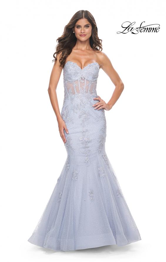 Picture of: Mermaid Strapless Dress with Illusion Bodice and Lace Applique in Light Periwinkle, Style: 32214, Main Picture