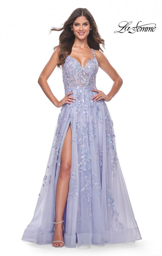 Picture of: Gorgeous Pastel Sequin Beaded Floral A-Line Tulle Dress in Light Periwinkle, Style: 32349, Main Picture