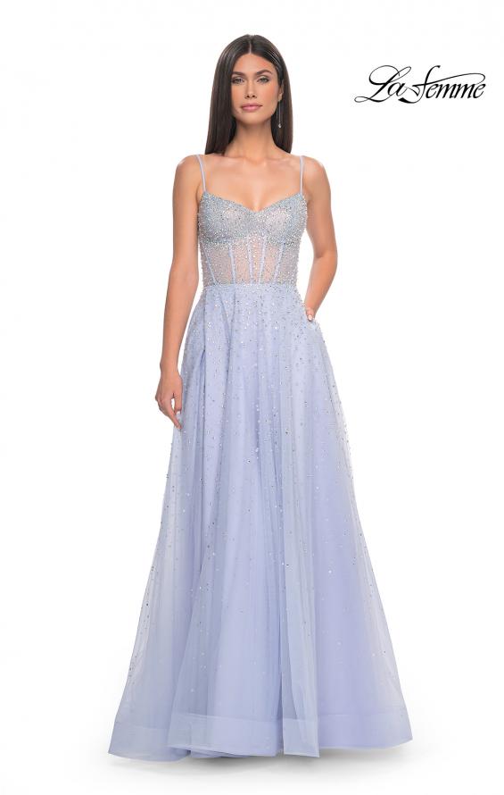 Picture of: Rhinestone A-Line Tulle Prom Dress with Illusion Bodice in Light Periwinkle, Style: 32146, Detail Picture 16