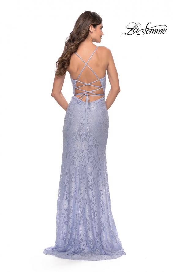 Picture of: Lace Long Dress with Scallop Detail on Skirt Slit in Light Periwinkle, Style: 31510, Back Picture