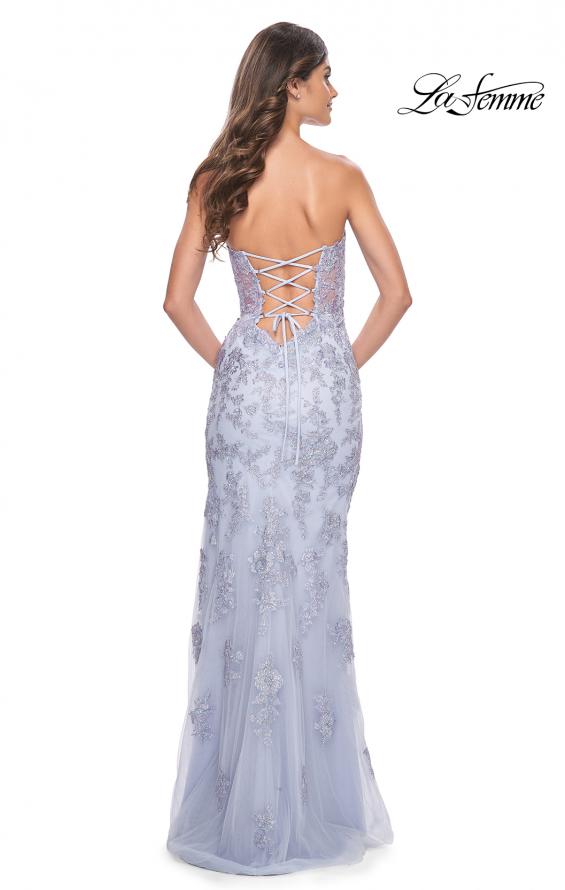 Picture of: Embroidered Lace Fitted Prom Dress with Lace Edge Slit in Light Periwinkle, Style: 32013, Back Picture