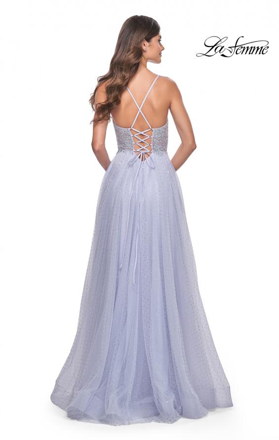 Picture of: Beautiful Rhinestone Beaded Illusion Top Tulle Prom Dress in Light Periwinkle, Style: 32020, Back Picture