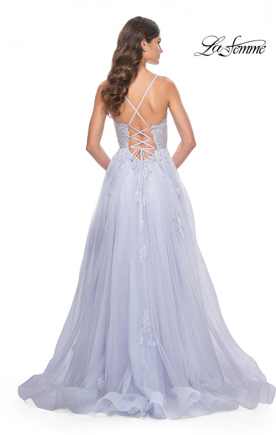 Picture of: A-Line Tulle Gown with Scallop Detail Bodice and Lace Applique in Light Periwinkle, Style: 32028, Back Picture
