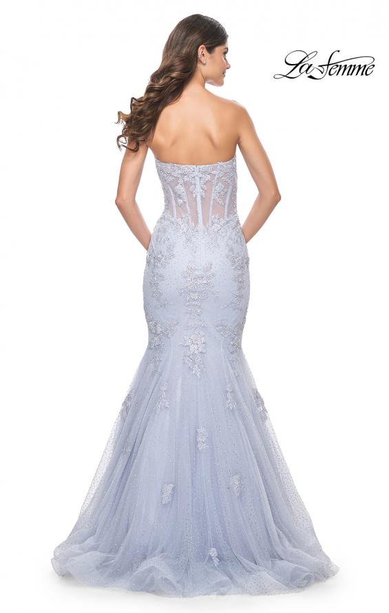 Picture of: Mermaid Strapless Dress with Illusion Bodice and Lace Applique in Light Periwinkle, Style: 32214, Back Picture