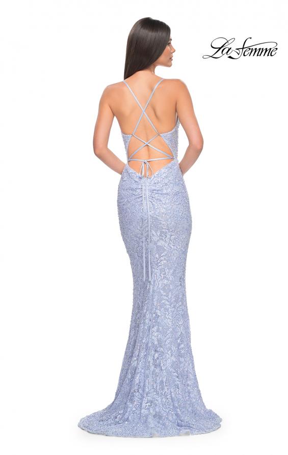 Picture of: Beaded Lace Long Dress with Illusion Bodice in Light Periwinkle, Style: 32434, Back Picture