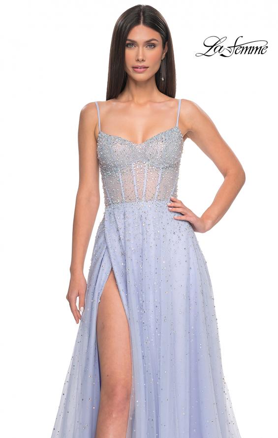 Picture of: Rhinestone A-Line Tulle Prom Dress with Illusion Bodice in Light Periwinkle, Style: 32146, Detail Picture 18