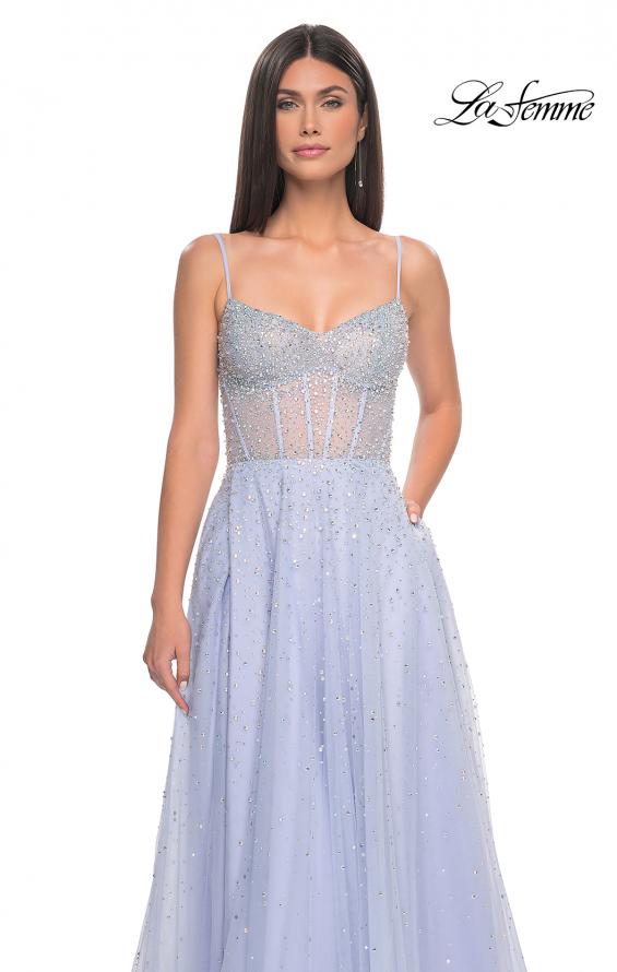 Picture of: Rhinestone A-Line Tulle Prom Dress with Illusion Bodice in Light Periwinkle, Style: 32146, Detail Picture 19