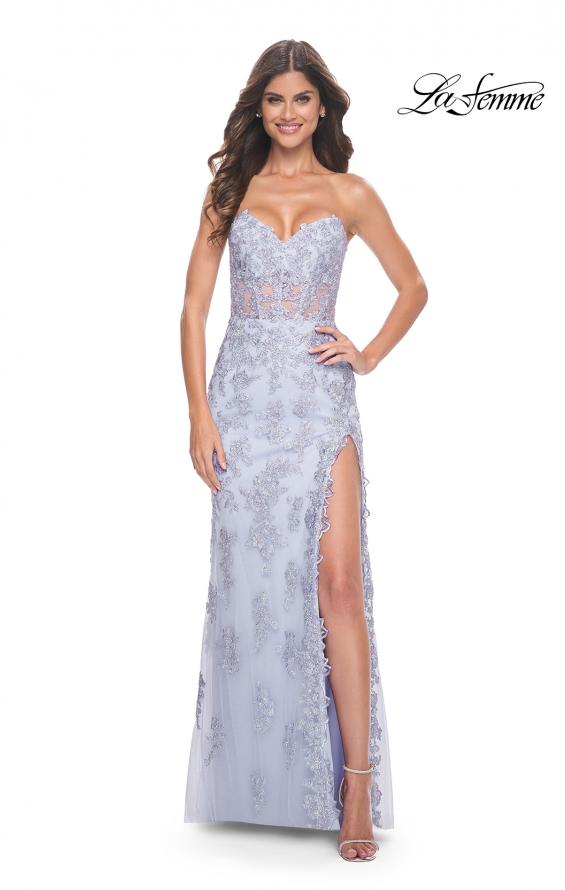 Picture of: Embroidered Lace Fitted Prom Dress with Lace Edge Slit in Light Periwinkle, Style: 32013, Detail Picture 1