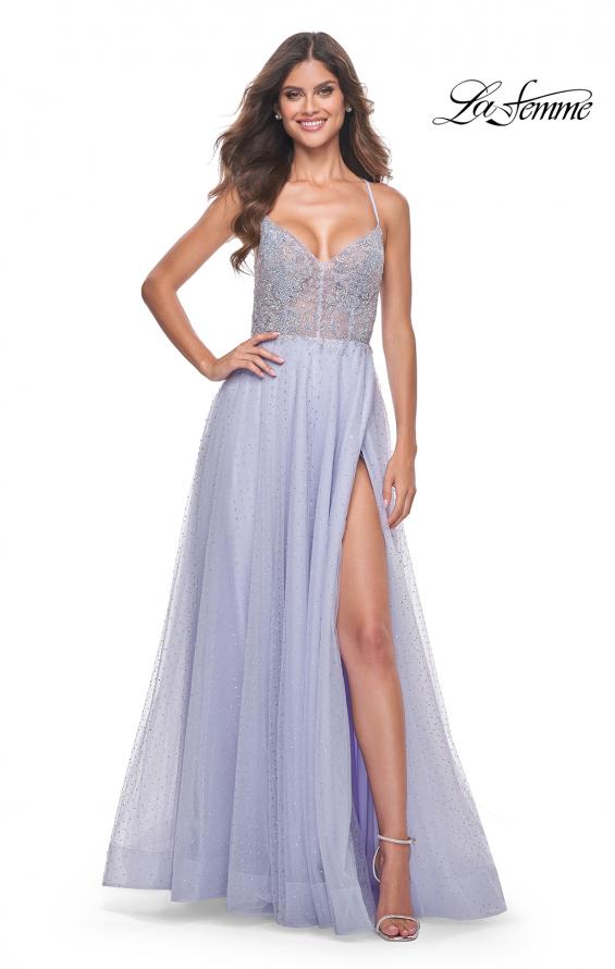 Picture of: Beautiful Rhinestone Beaded Illusion Top Tulle Prom Dress in Light Periwinkle, Style: 32020, Detail Picture 1