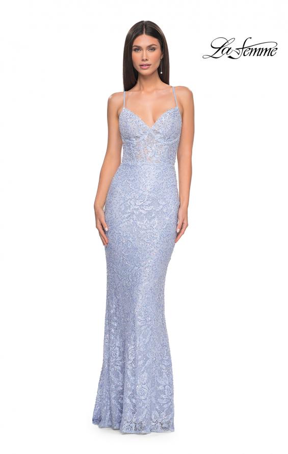 Picture of: Beaded Lace Long Dress with Illusion Bodice in Light Periwinkle, Style: 32434, Detail Picture 1