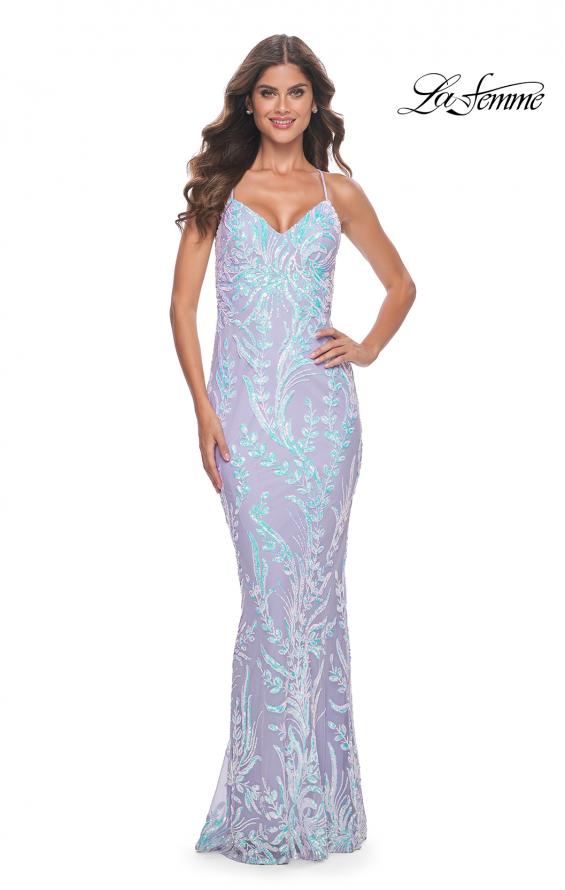 Picture of: Fitted Print Sequin Pastel Prom Dress in Light Periwinkle, Style: 31944, Detail Picture 2