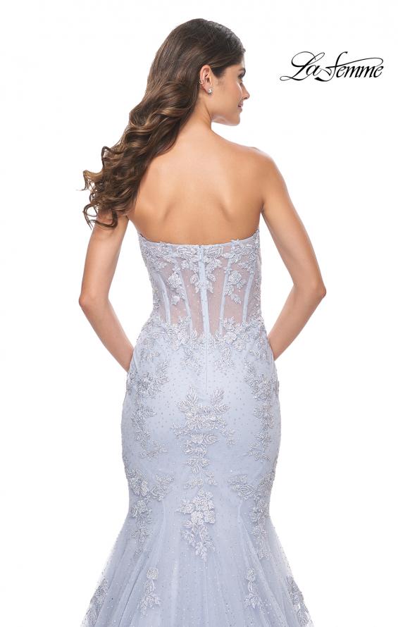 Picture of: Mermaid Strapless Dress with Illusion Bodice and Lace Applique in Light Periwinkle, Style: 32214, Detail Picture 2