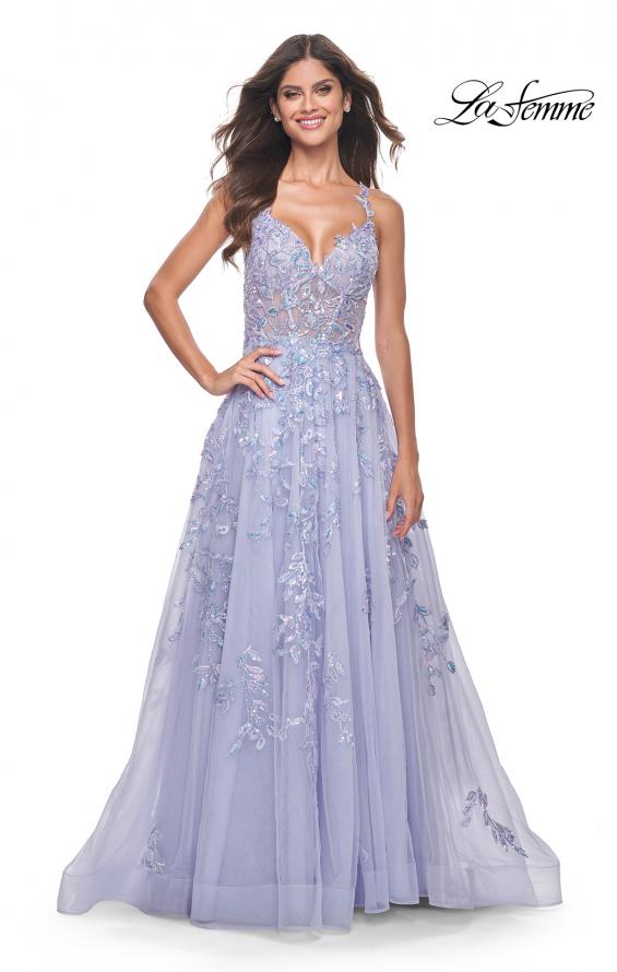 Picture of: Gorgeous Pastel Sequin Beaded Floral A-Line Tulle Dress in Light Periwinkle, Style: 32349, Detail Picture 2