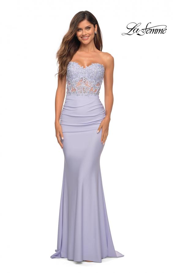 Picture of: Sweetheart Strapless Dress with Illusion Lace Bodice in Light Periwinkle, Detail Picture 3