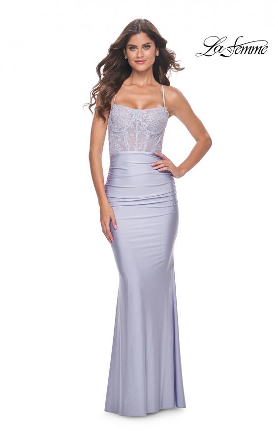 Picture of: Neon Ruched Jersey Dress with Illusion Corset Lace Top in Light Periwinkle, Style: 32322, Detail Picture 3