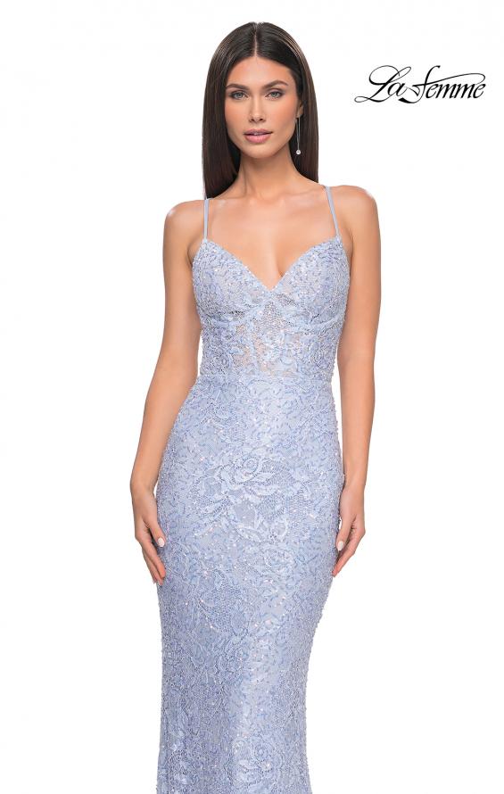 Picture of: Beaded Lace Long Dress with Illusion Bodice in Light Periwinkle, Style: 32434, Detail Picture 3