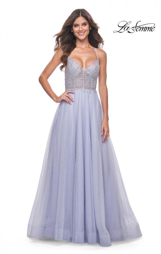 Picture of: Beautiful Rhinestone Beaded Illusion Top Tulle Prom Dress in Light Periwinkle, Style: 32020, Detail Picture 4