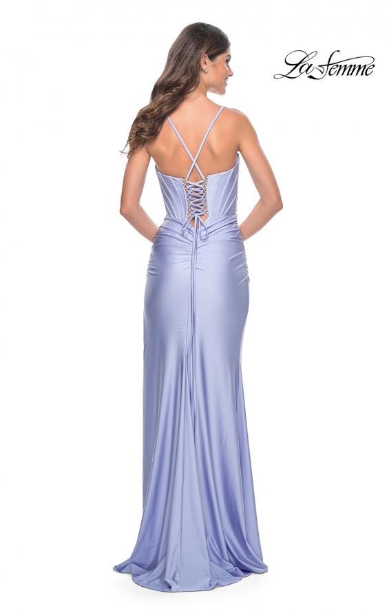 Picture of: Bustier Top Jersey Prom Dress with Intricate Lace Up Back in Light Periwinkle, Style: 32256, Detail Picture 4