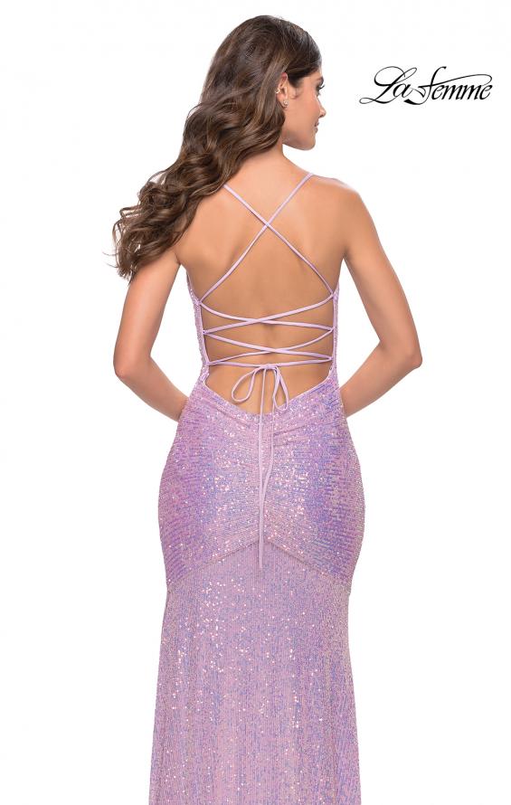 Picture of: Lace Up Back Sequin Gown with Flare Skirt in Bright Colors in Light Periwinkle, Style: 31509, Detail Picture 5